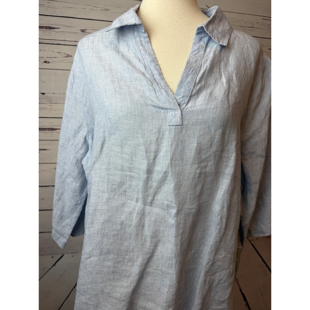 Tahari Linen Tunic‎ Plus Size 1X Shirt Split Neck Blouse Womens Chambray Button